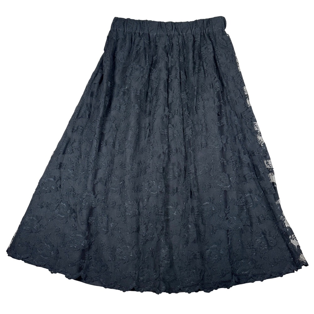 Black Floral Lace Midi Skirt Sheer Overlay‎ Elastic Waist Gothic Grunge Witch